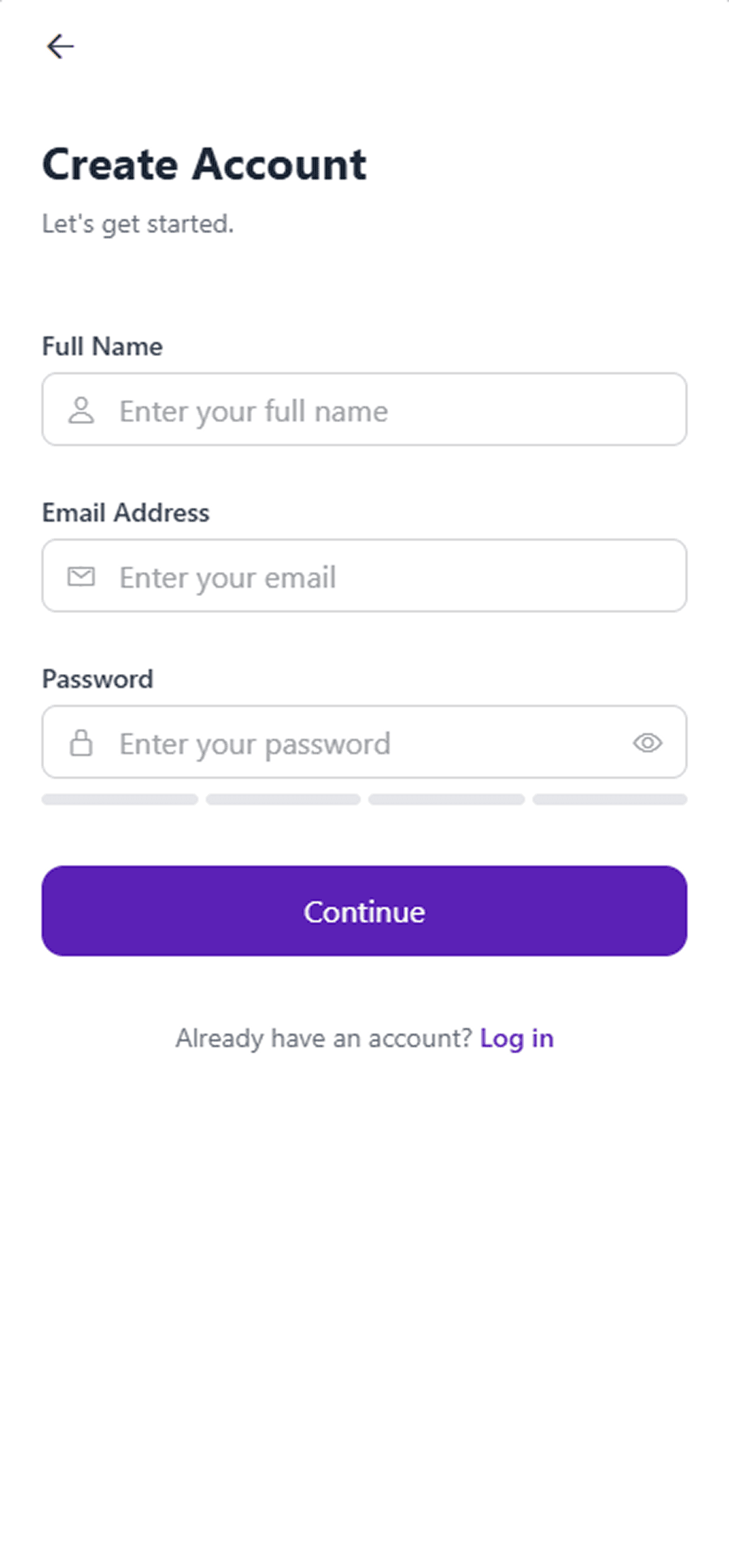 Sign-up screen for new accounts