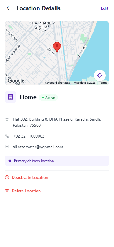 Customer delivery location detail screen