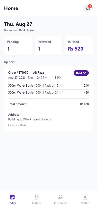 Delivery person home screen showing the daily workload