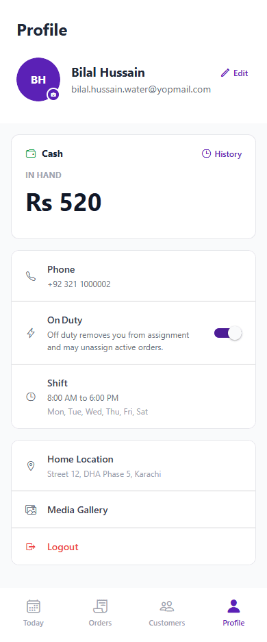 Delivery person profile screen