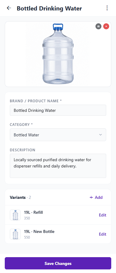 Supplier product variant configuration screen