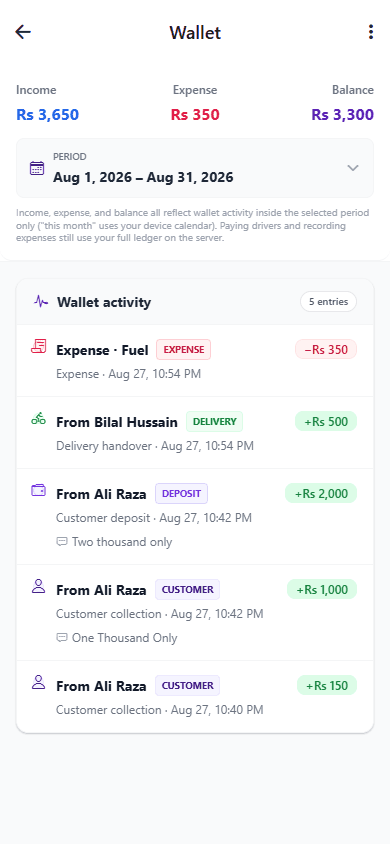 Supplier wallet and payments screen